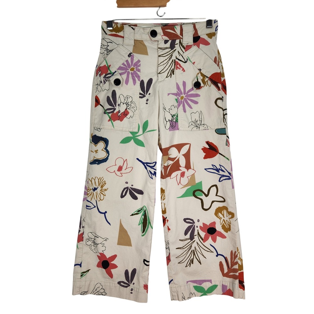 Maeve Anthropologie Floral Wide Leg‎ Pants Cream Multi Color Abstract Print 0P